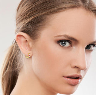 9K Yellow Gold Red CZ Huggy Hoop Earrings