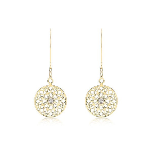 9K Yellow Gold Cubic Zirconia Cutout-Disc Drop Earrings