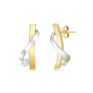 9K 2 Colour Gold CZ Overlapping-Curved-Bars Stud Earrings
