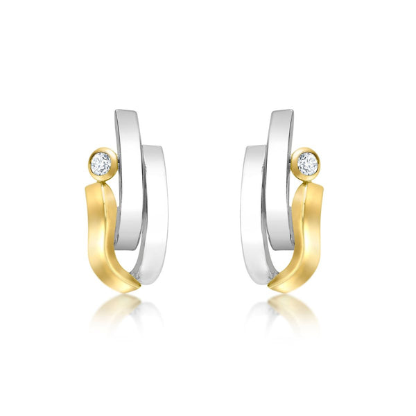 9K 2 Colour Gold CZ Wave & Curved Bars Stud Earrings