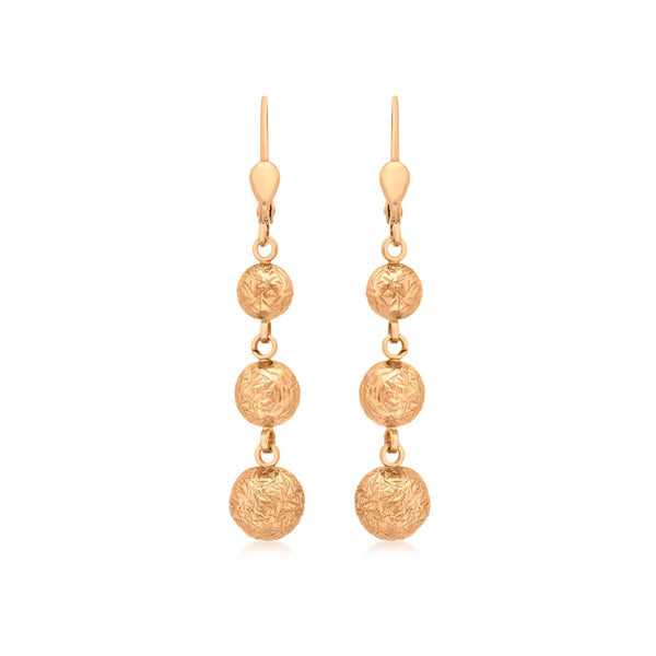 9K Rose Gold Graduated Triple-Ball Drop Earrings
