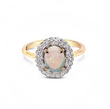 9K Yellow Gold Oval Opal & Diamond Halo Ring