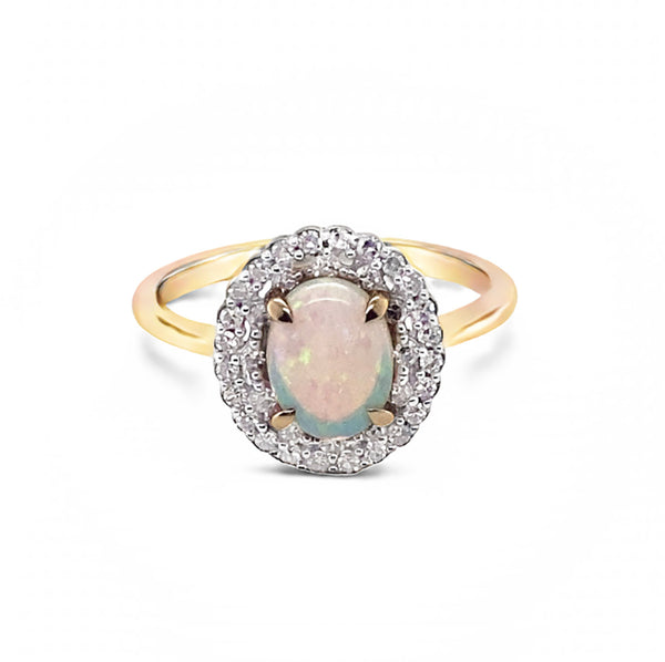 9K Yellow Gold Oval Opal & Diamond Halo Ring