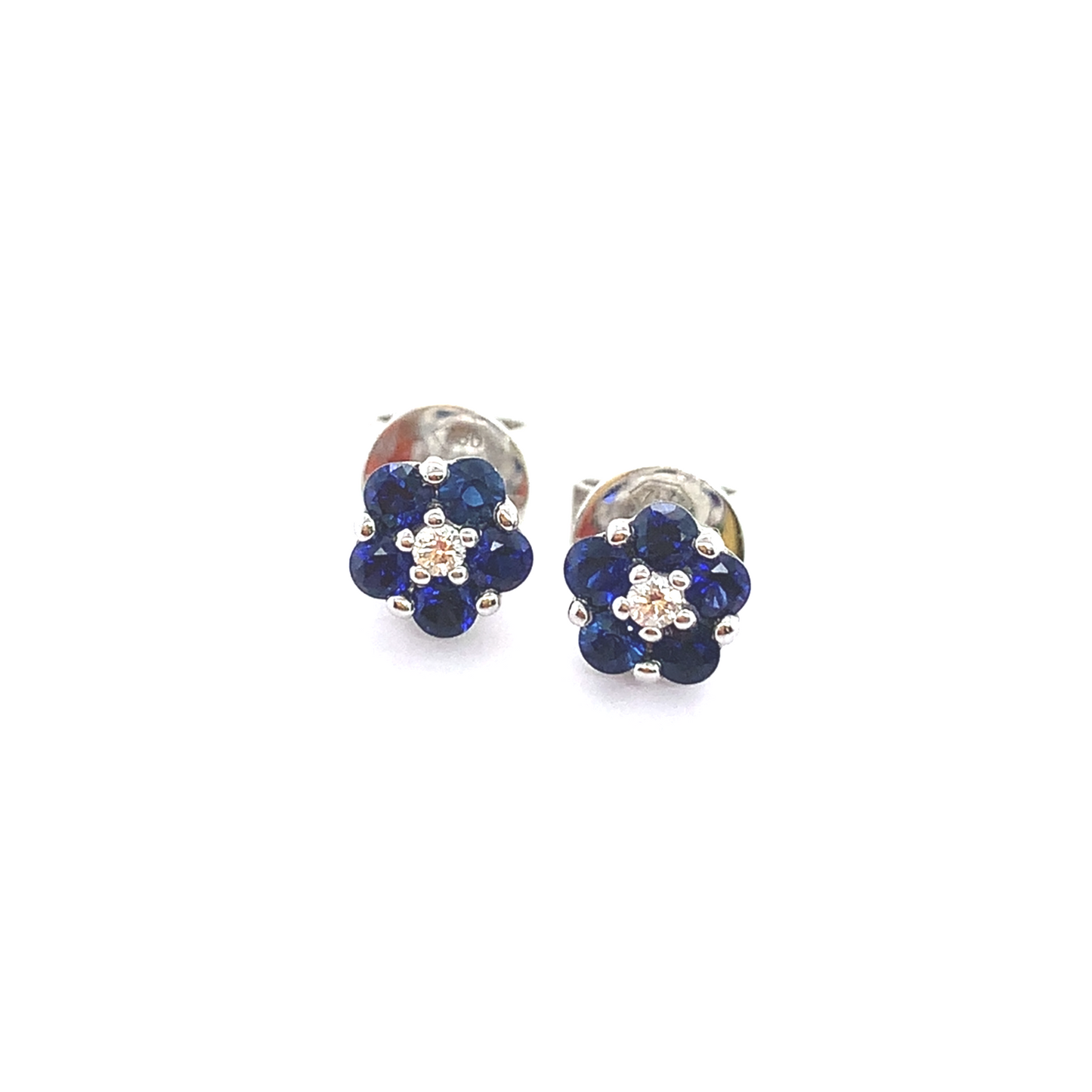 18K White Gold Sapphire and Diamond Flower Stud Earrings