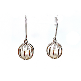 9K White Gold Caged Pearl Drop Earrings