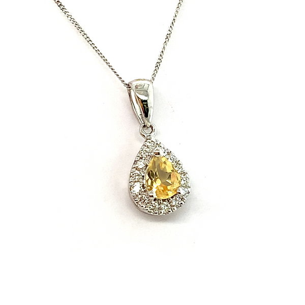 9K White Gold Citrine and Diamond Halo Pendant