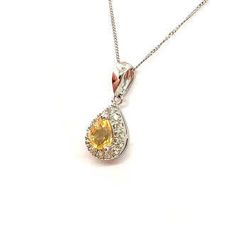 9K White Gold Citrine and Diamond Halo Pendant