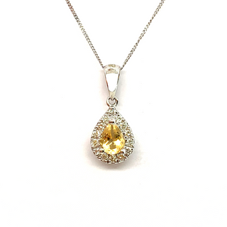 9K White Gold Citrine and Diamond Halo Pendant