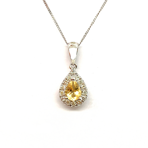 9K White Gold Citrine and Diamond Halo Pendant