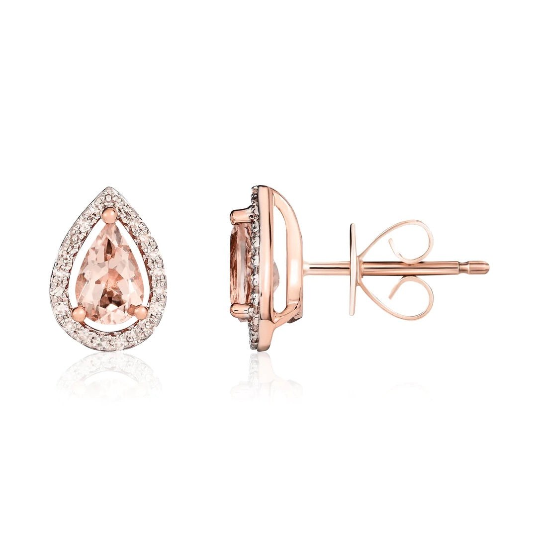 9K Rose Gold Pink Morganite and Diamond Earrings