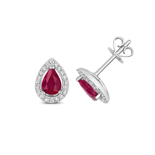 9K White Gold Ruby & Diamond Halo Studs