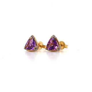 9K Yellow Gold Trillion Amethyst & Diamond Stud Earrings