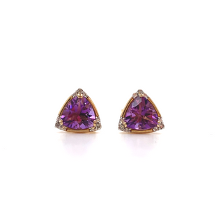 9K Yellow Gold Trillion Amethyst & Diamond Stud Earrings