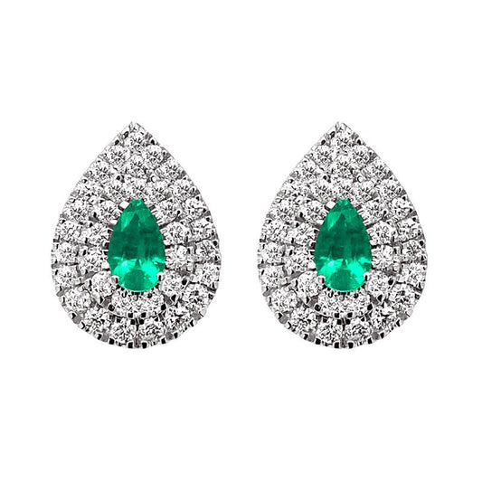 9K White Gold Emerald & Diamond Double Halo Earrings