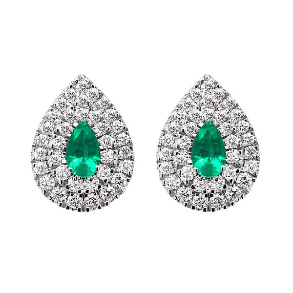 9K White Gold Emerald & Diamond Double Halo Earrings