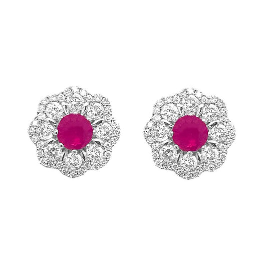 9K White Gold Ruby & Diamond Flower Stud Earrings