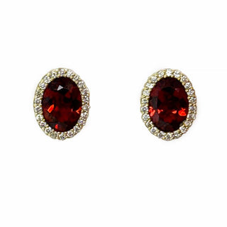 18K Yellow Gold Oval Garnet & Diamond Stud Earrings