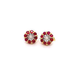 9K Yellow Gold Ruby and Diamond Rosette Stud Earrings