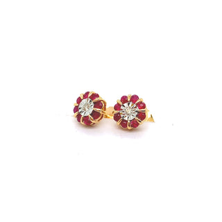 9K Yellow Gold Ruby and Diamond Rosette Stud Earrings
