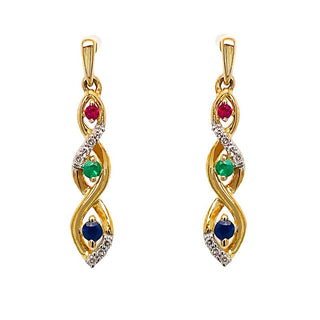 9K Yellow Gold Multi Gemstone & Diamond Drop Earrings
