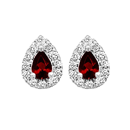 9K White Gold Pear Cut Garnet & Diamond Stud Earrings
