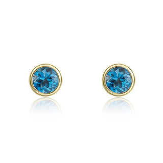 9K Yellow Gold 3mm Round Blue Topaz Stud Earrings