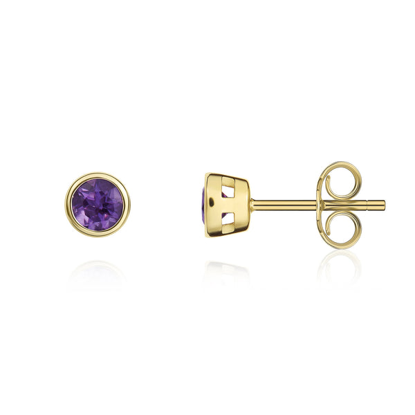 9K Yellow Gold 3mm Round Amethyst Stud Earrings