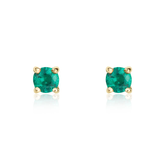 9K Yellow Gold 3mm Round Emerald Stud Earrings