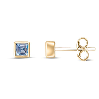9K Yellow Gold Princess Cut Aquamarine Stud Earrings