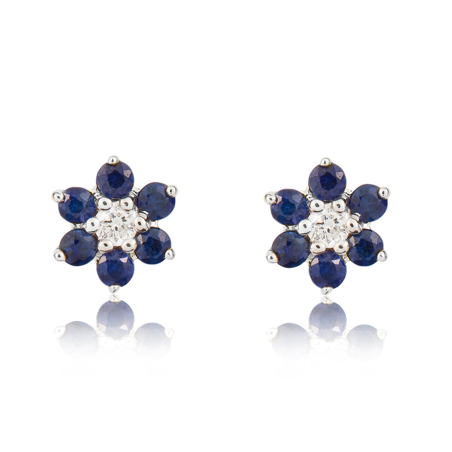9K White Gold Sapphire & Diamond Flower Stud Earrings