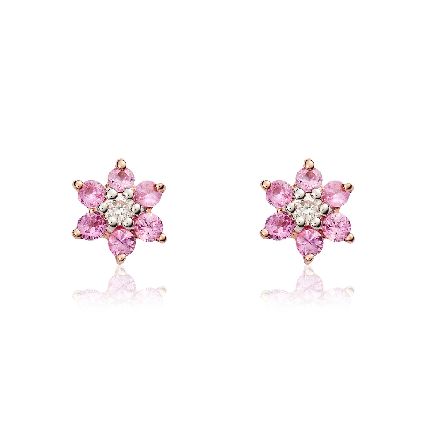 9K Rose Gold Pink Sapphire & Diamond Flower Stud Earrings