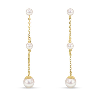 9K Yellow Gold 3 Pearl Chain Drop Earrings