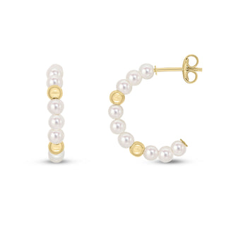 9K Yellow Gold Beaded Pearl Half Hoop Earrings
