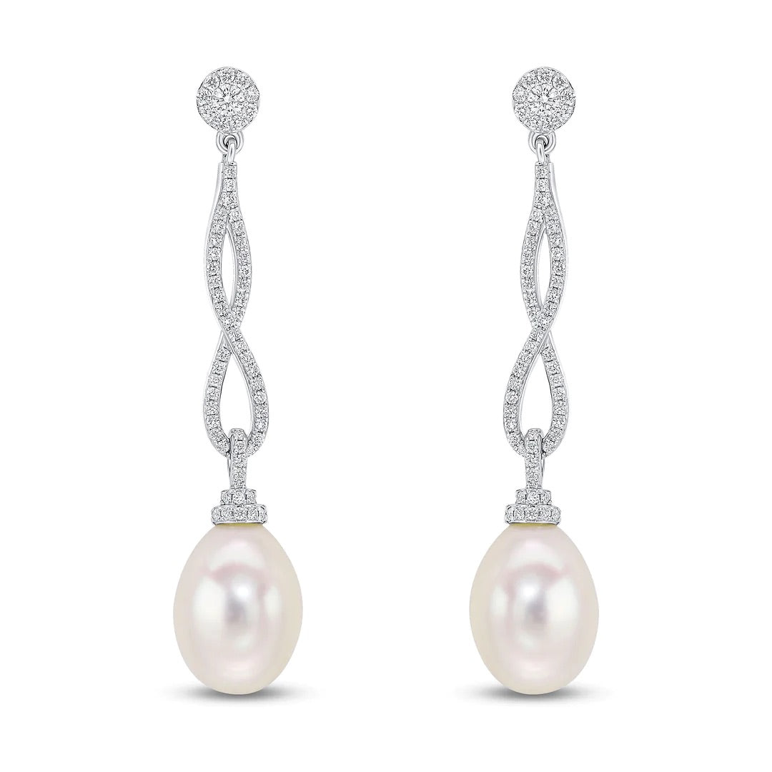 18K White Gold Diamond & Pearl Infinity Drop Earrings