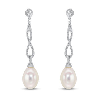 18K White Gold Diamond & Pearl Infinity Drop Earrings