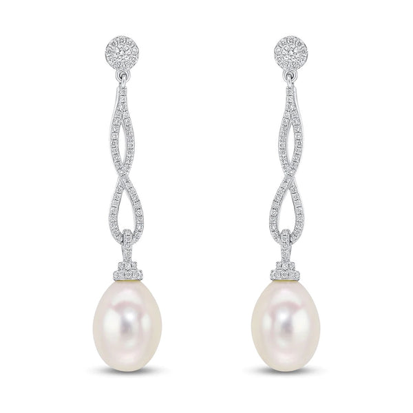 18K White Gold Diamond & Pearl Infinity Drop Earrings