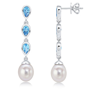 9K White Gold Blue Topaz & Pearl Drop Earrings