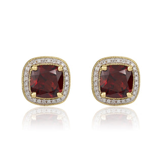 9K Yellow Gold Garnet & Diamond Halo Stud Earrings