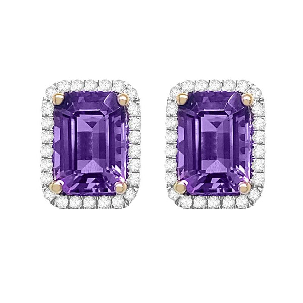 9K Yellow Gold Amethyst & Diamond Stud Earrings