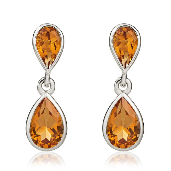9K White Gold Double Pear Citrine Drop Earrings