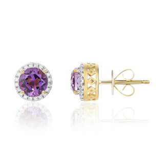 9K Yellow Gold Amethyst & Diamond Halo Stud Earrings