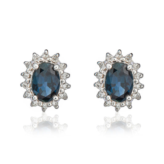9K White Gold Sapphire & Diamond Halo Stud Earrings