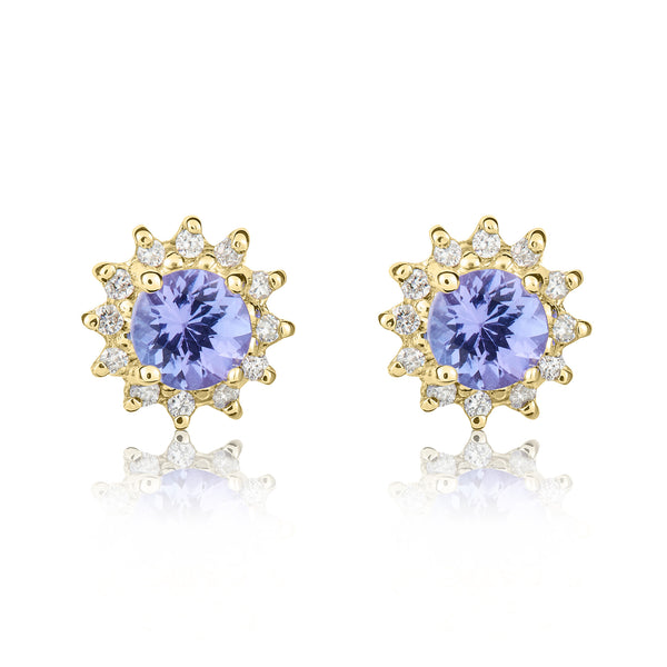 9K Yellow Gold Tanzanite & Diamond Halo Stud Earrings