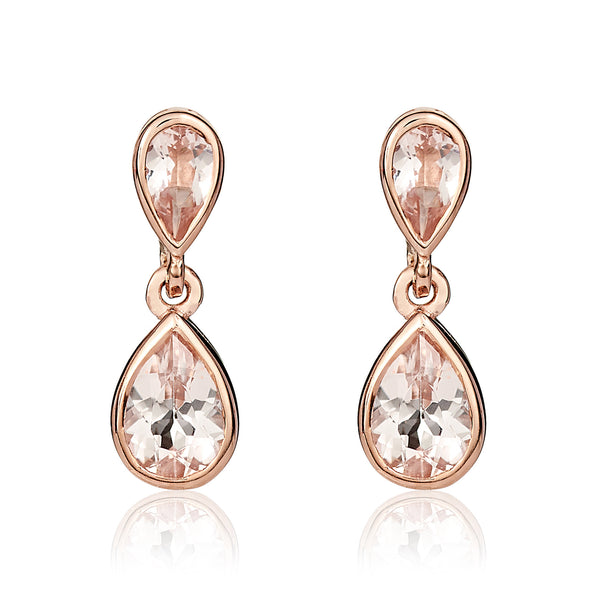 9K Rose Gold Double Pear Morganite Drop Earrings