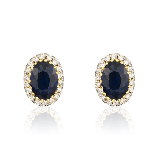 9K Yellow Gold Sapphire & Diamond Halo Stud Earrings