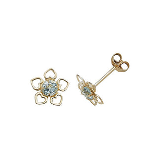9K Yellow Gold Blue Topaz Floral Stud Earrings