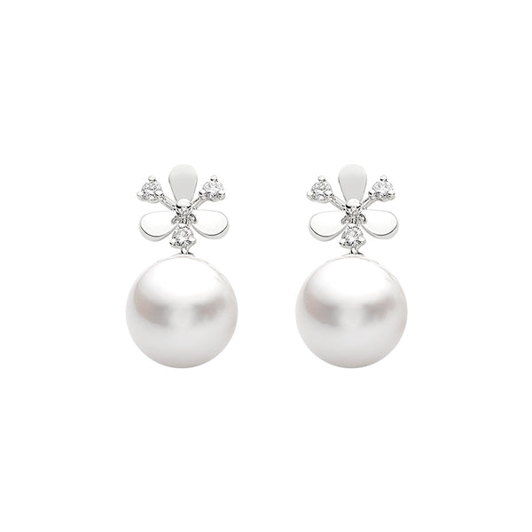 18K White Gold Akoya Pearl & Diamond Floral Stud Earrings
