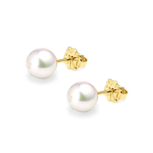 18K Yellow Gold Akoya AAA Grade Pearl Stud Earrings 7.5mm