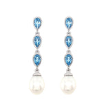 9K White Gold Pearl & Swiss Blue Topaz Triple Drop Earrings