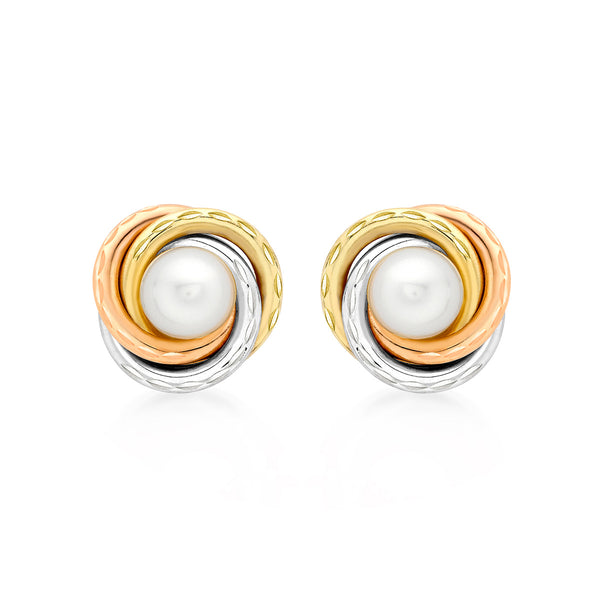 9K 3 Colour Gold Twist Pearl Stud Earrings